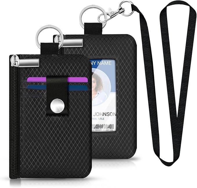 Minimalist RFID Blocking Small Wallet with ID Window,WaterResistant Zip Id Case Wallet with Lanyard Keychain for Cards,Cash,Travel,Women,Men (Black)
