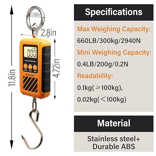 UNIWEIGH Digital Hanging Scale,Mini Crane Scale 300kg/660lb,Postal Luggage Scale with LCD Display,Portable Handheld and Large Hook,Deer Scale with Hold &Tare Function for Garage Farms Hunting Fishing