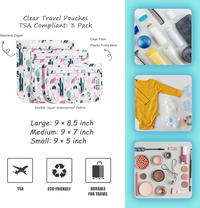 HIONXMGA TSA Approved Toiletry Bag, Set of 3 Clear Travel Toiletry Bag Quart Size Zipper Travel Pouch, Waterproof Makeup Cosmetic Bag for Women Men Kids Toiletries Carry on, Cacti B