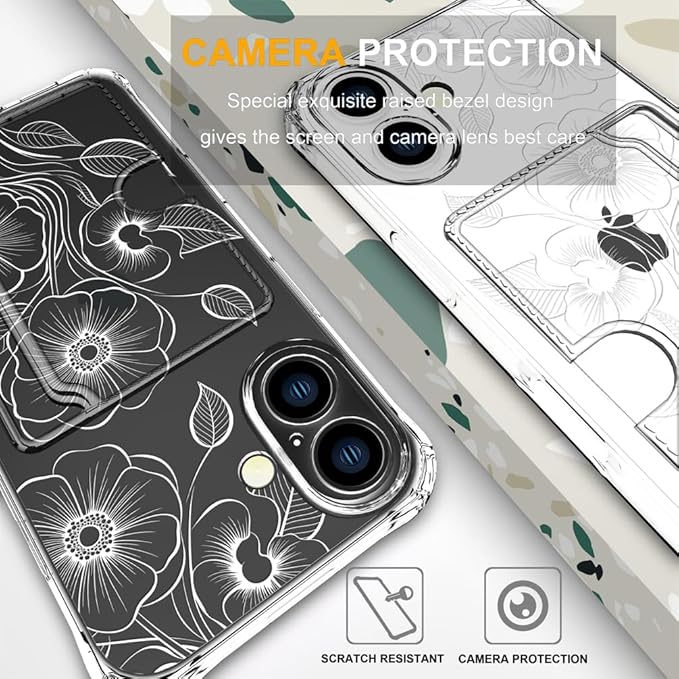 Compatible with iPhone 16 Plus Case Card Holder for Women Cute Design,Wallet Phone Cases Transparent Cool Kawaii Protective (Clear Seamless Abstract Flower)