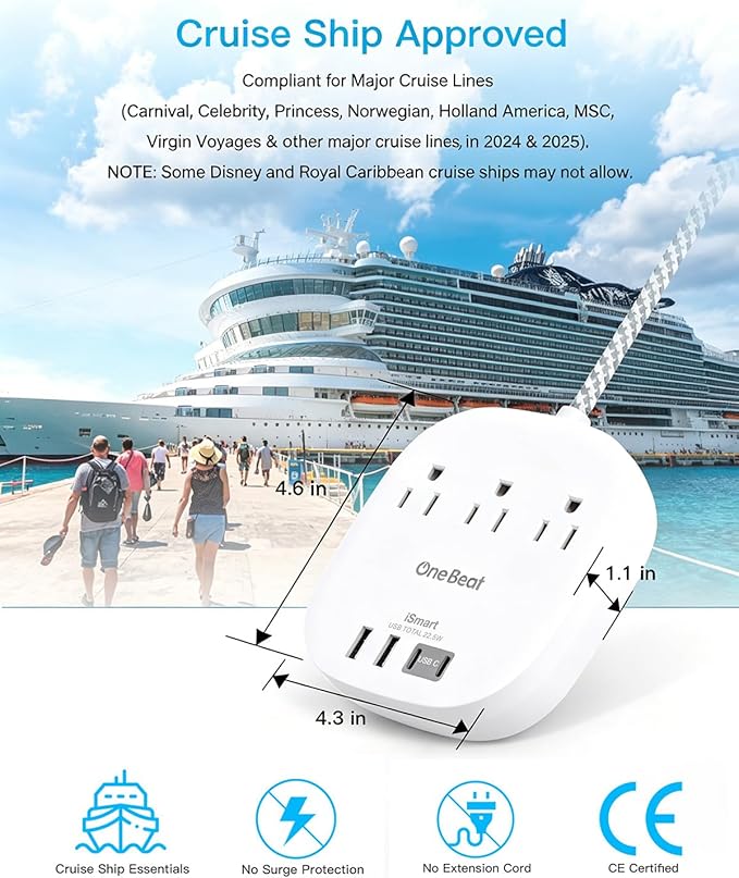 15 Ft Long Extension Cord, Cruise Ship Power Strip, 22.5W/4.5A Flat Plug Power Strip with 3 Oultets 4 USB Ports, 2 USB C Power Strip No Surge Protection for Home Office College Dorm Room Essentials