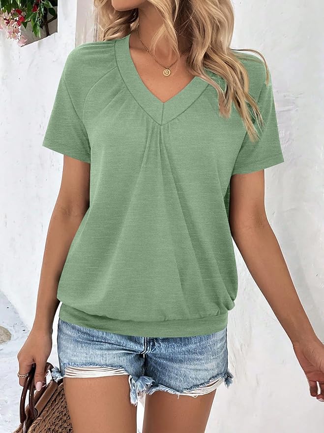 AUTOMET Womens Tops Short Sleeve V Neck T Shirts 2026 Summer Spring Beach Vacation Clothes Casual Loose Ruched Top