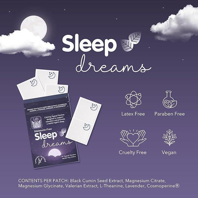 Laki Naturals Sleep Dreams Patch for Adults (1 Count, Pack of 14) – Melatonin-Free Overnight Calming Patches with Black Cumin Seed Oil Extract, Magnesium, Valerian & Lavender – Natural Bedtime Support