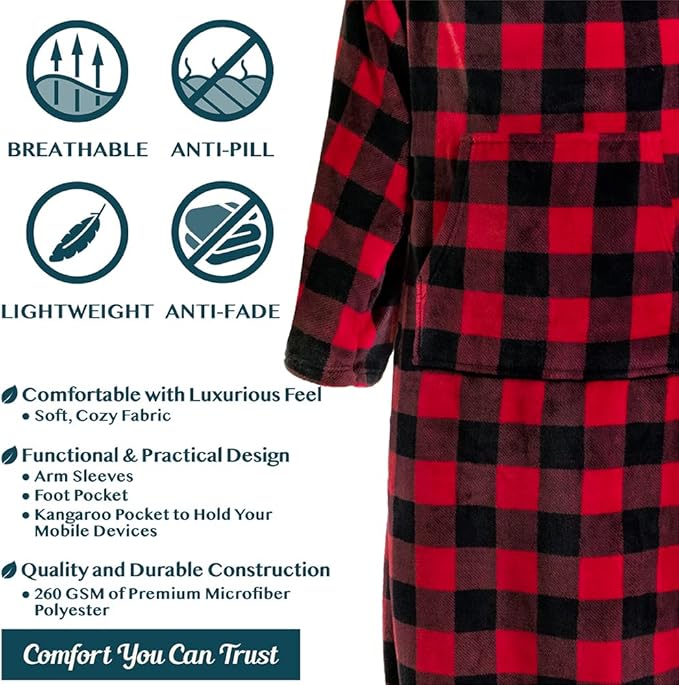 PAVILIA Fleece Blanket with Sleeves, Foot Pockets for Women Men Adults, Plush Wearable Blanket Throw Wrap, Warm Snuggle Blanket Robe, Cozy Gift Ideas Wife Mom, Checkered Red