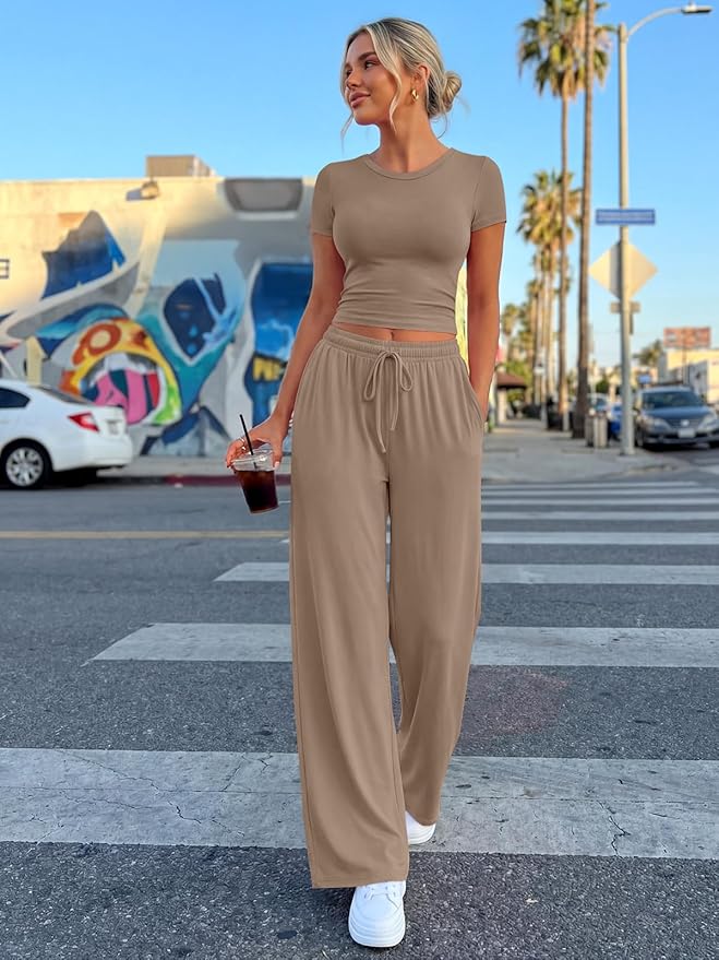 Trendy Queen 2 Piece Matching Summer Lounge Set Womens Side Ruching Top Wide Leg Pants Sets with Pockets