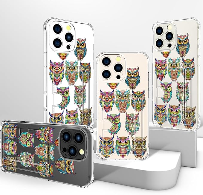 Compatible with iPhone 16 Pro Max Case Card Holder for Women Cute Design,Wallet Phone Cases Transparent Cool Kawaii Protective (Clear Colorful Owls Cartoon)