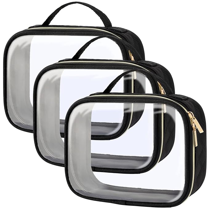 PACKISM TSA Approved Toiletry Bag 3 Medium, 3-1-1 Compliant Clear Makeup Bags with Handle, Quart Size Toiletry Bags Fit Carrv-on Travel Essentials, Water Resistant PVC, Black