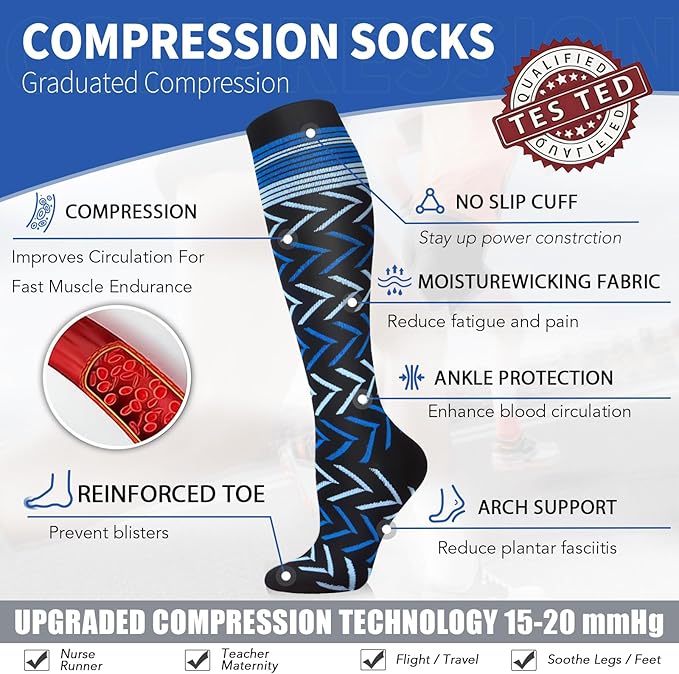 Sooverki Copper Compression Socks for Men & Women 8 Pack 15-20mmHg - Knee High Stockings Best Support for Running Athletic