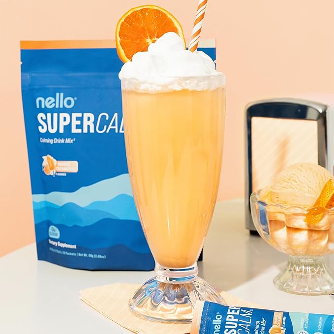 Nello Supercalm Powdered Drink Mix, Cortisol Reducer* and Sleep Aid Supplement, L Theanine, Ksm-66 Ashwagandha, Magnesium Glycinate, Vitamin D 3, No Sugar, Non GMO, On The Go, 20 Ct, Orange Creamsicle