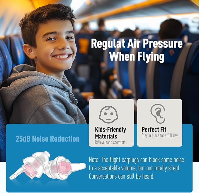 Kids Ear Plugs (6yrs +) with Cord, Reusable Airplane Ear Pressure Relief Earplug for Child Adult with Small Ear-canals, Ear Protection for Focus, Travel, Anxiety Stress, School, 25 dB Noise Reduction