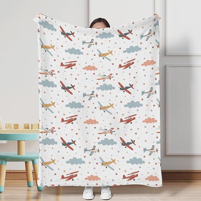 Unisex Plane Nursery Baby Throw Gift Blanket for Boys Girls, Cartoon Planes Clouds Stars Pattern Swaddle Receiving Bed Blanket for Newborn Toddlers Kids-40x50