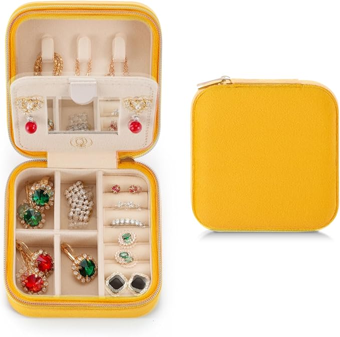 ZPROW Plush Velvet Travel Jewelry Case, Organizer, Box, Small Case for Women, Earring Organizer with Mirror, Best Gifts For Daughter, Girlfriend, Mom | Gifts For Her - Yellow