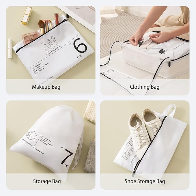 7PCS Packing Cubes for Travel Luggage Organizers Shoe & Toiletry Bag Light Packing Cubes Clothing Underwear Bag Accessories and Essentials for Mom & Women (White)