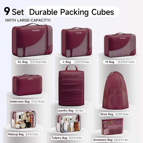 11 Set / 9 Set Packing Cubes for Travel,Gifts for Women Mom Kids,TSA Approved Bags for Makeup, Cosmetic, Toiletry, Organizers for Suitcase Carry On,Cruise Essentials Airplane Accessories,Burgundy