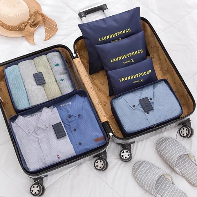 12 Set Packing Cubes for Travel Luggage Packing Bags Reusable Waterproof Suitcase Organizer Bags Set with Shoe Bag and Toiletry Bag (Sky Blue+Navy Blue)