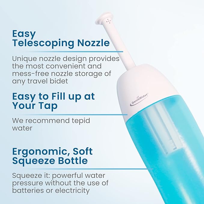 GenieBidet On The Go Portable Travel Bidet with Telescoping Nozzle Spray, Handheld, Leak & Mess Free Butt Shower, Replaces Wet Wipes, Discreet Pull-String Pouch