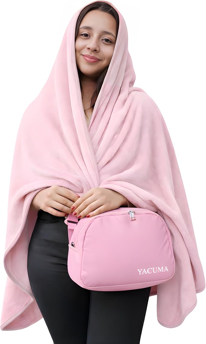 Travel Blanket Airplane – Ultra Soft Flannel 40”x60”, Compact & Lightweight with Organizer Bag, Cozy Travel Blanket for Flights, Road Trips, and Home Comfort - Pink