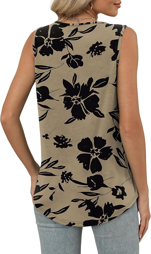 OFEEFAN Tank Top for Women Loose Fit Sleeveless Shirts V Neck Summer Clothes Ruched Women's Tees and Tanks Curved Hem