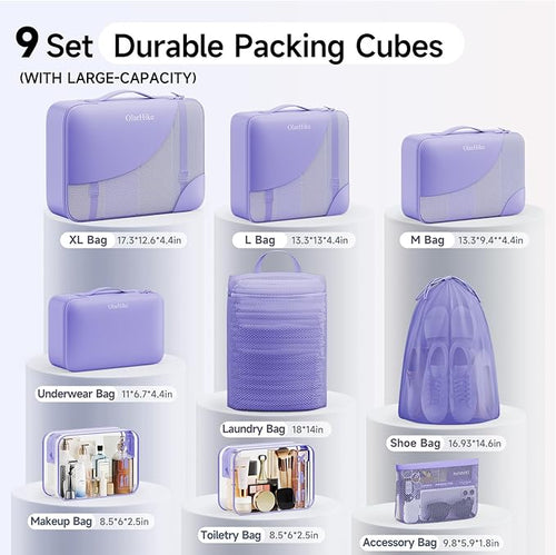 11 Set / 9 Set Packing Cubes for Travel,Gifts for Women Mom Kids,TSA Approved Bags for Makeup, Cosmetic, Toiletry, Organizers for Suitcase Carry On, Cruise Essentials Airplane Accessories,Lavender
