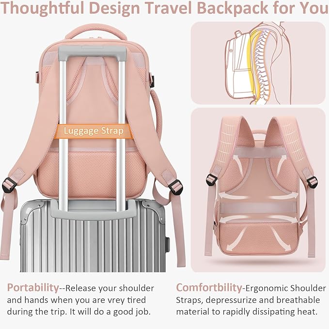 Tenot Carry on Backpack for Women TSA Approved 15.6 Inch Travel Laptop Backpack for Women Travel Essentials Womens Travel Backpack Suitcase Pink