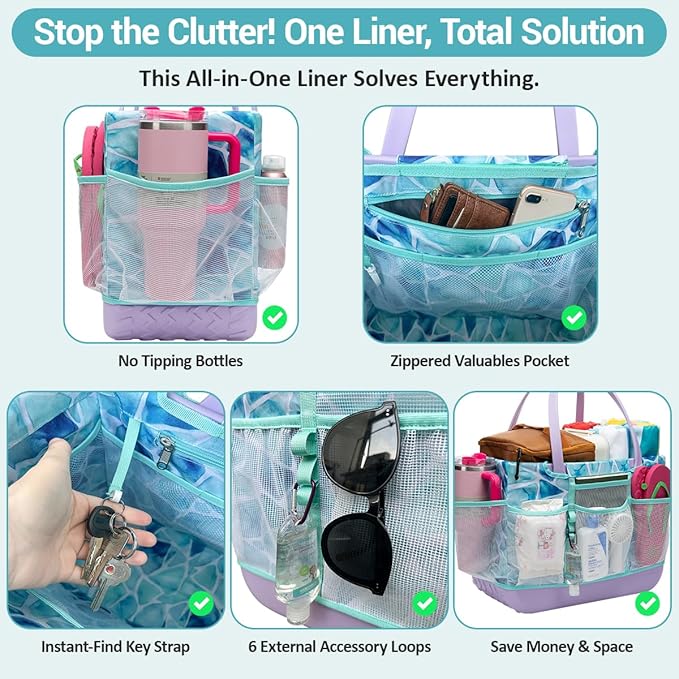 Nyton Organizer Bag Insert for Bogg Bag Inner Liner Pouch for Original Large XL Rubber Tote Zippered Organizer with Pockets for Beach Travel Sports Mom (SEA GLASS, LARGE)