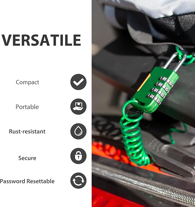 Combo Lock with Retractable Cable (91cm), Cable Padlock Combination, Ski Lock for Outdoor Use, Luggage, Snowboard, Travel Suitcases, Gym Locker, Rridge, Motorcycle Bike Helmet (Green)