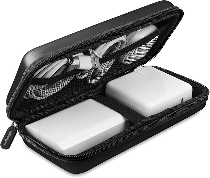 iMangoo Travel Essential Electronics Organizer Pouch Charger Case Shockproof Dual Zipper Power Bank Cables Tech Accessories Purse, Men & Women Travel Must Have Storage Bag, 8.5x4.5x2 inch Black