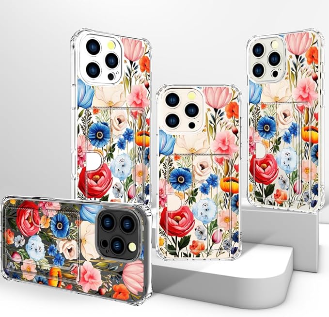 Compatible with iPhone 16 Pro Max Case Card Holder for Women Cute Design,Wallet Phone Cases Transparent Cool Kawaii Protective (Clear Flower Art Rose Peony)