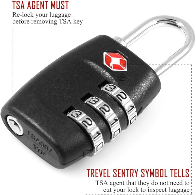 DanziX TSA Approved Lock and 4 Colors Stainless Steel Safety Tether，3-Dial Combination Travel Luggage Lock with Lanyard Security Cable for Protect Your Different Sizes of Bags,Suitcase,Baggage Black