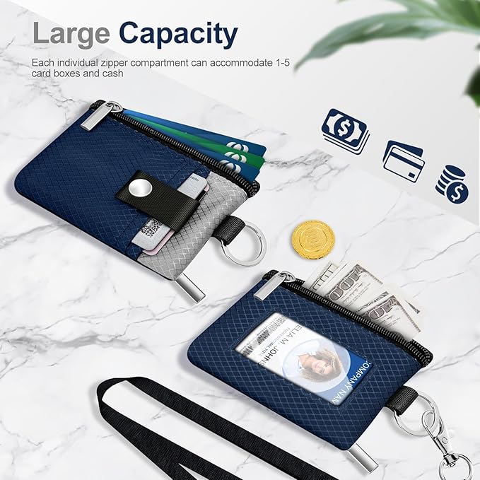 Minimalist RFID Blocking Small Wallet with ID Window,WaterResistant Zip Id Case Wallet with Lanyard Keychain for Cards,Cash,Travel,Women,Men (Dark Blue/Light Gray)