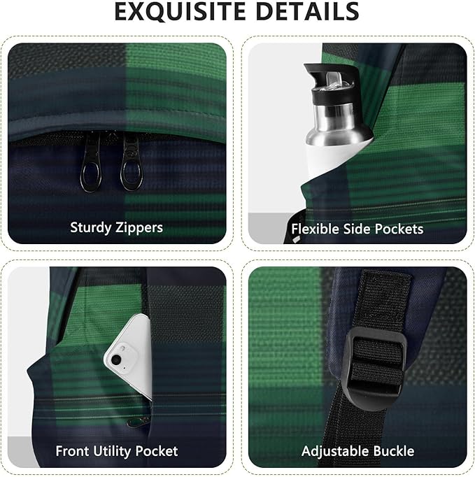 Anti Theft Backpack Laptop Bag Laptop Bag 15.6 Inch for Women & Men Outing Work Family TravelBuffalo Plaid Check Navy Blue Green