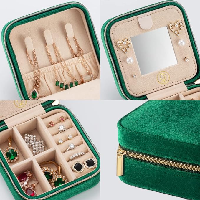 ZPROW Plush Velvet Travel Jewelry Case, Travel Jewelry Organizer, Jewelry Travel Case, Travel Jewelry Box, Small Jewelry Case, Jewelry Travel Box, Earring Organizer with Mirror - Emerald Green 4packs
