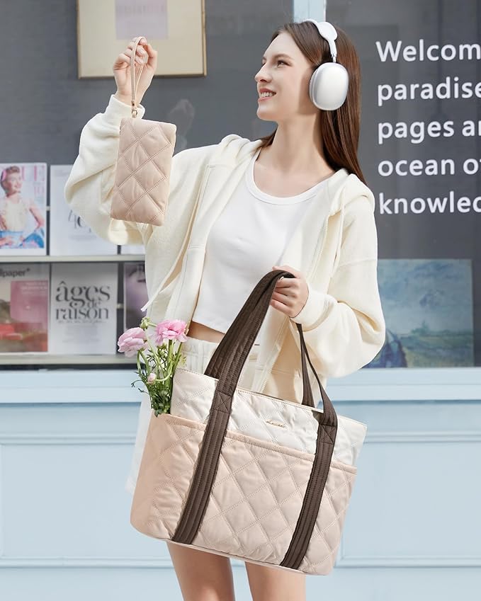 LOVEVOOK Puffer Tote Bag for Women, Puffy Work Handbag with Cup Holder, Travel Carry On Bag with Zipper for Teacher Nurse Gym