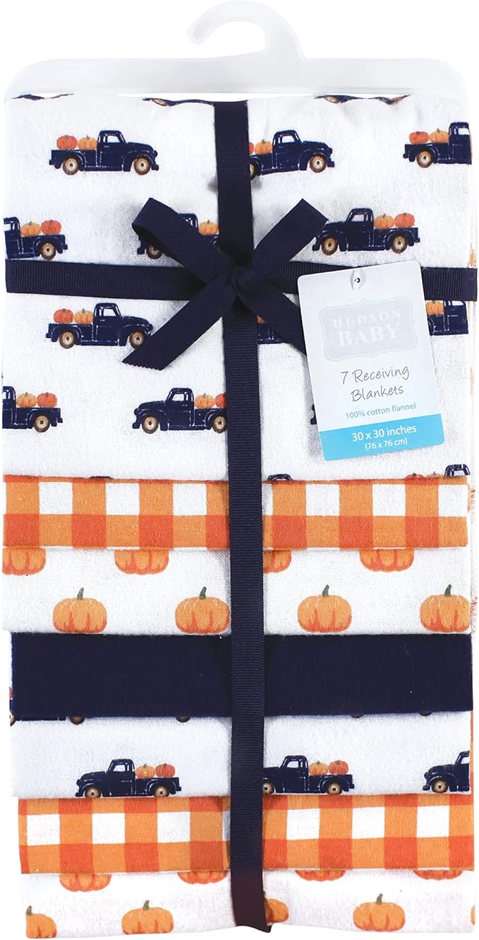 Hudson Baby Unisex Baby Cotton Flannel Receiving Blankets Bundle, Pumpkin Truck, One Size