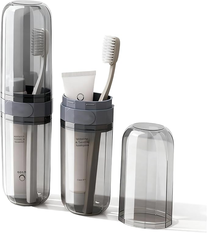 2-in-1 Toothbrush Travel Case, Portable Travel Toothbrush and Toothpaste Holders with Rinse Cup, Slim Clear Toothbrush Case for Traveling Camping School Dorm Bathroom