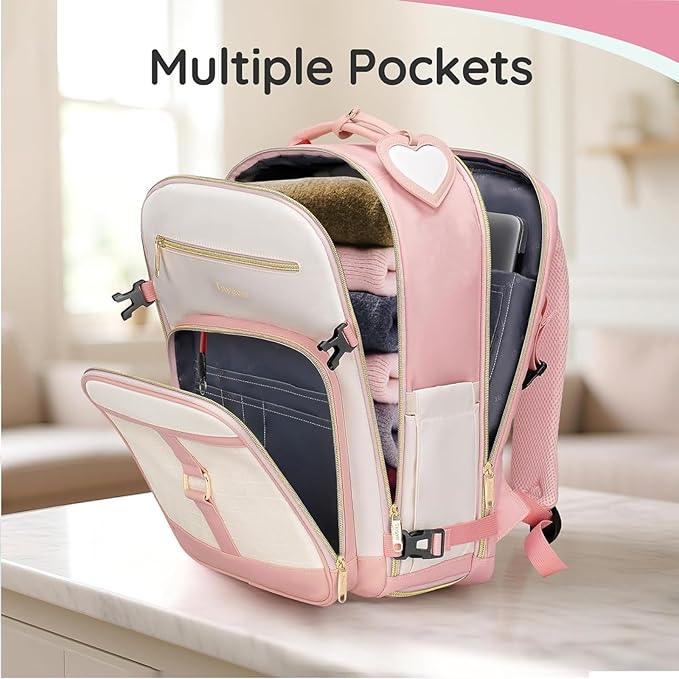 Taygeer Kids Travel Backpack for Airplane, Small Travel Backpack for Girls with Luggage Tags & Water Bottle Pocket, Underseat TSA Approved Airline Personal Item Bag for Women Teens Girls School, Pink