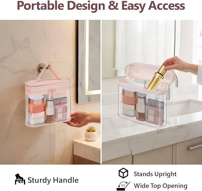 PACKISM TSA Approved Toiletry Bag 2 Pack - Quart Size Clear Makeup Bag with Handle & Dual Metal Zippers, Large Opening 3-1-1 Airline Compliant Security Travel Organizer for Carry On Liquids, Pink