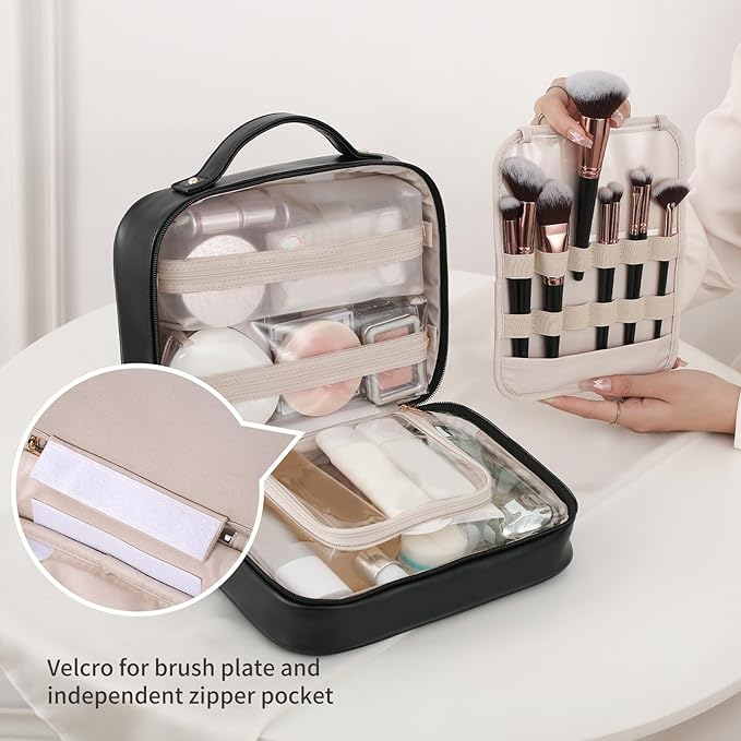 RIGHT AWAY Travel Toiletry Bag for Women, Makeup Bag& Cases, Waterproof Makeup Organizer Cosmetic Bag with Compartments,Portable Make Up Bag for Travel Size Toiletries,Skincare,Brushes Set,Black