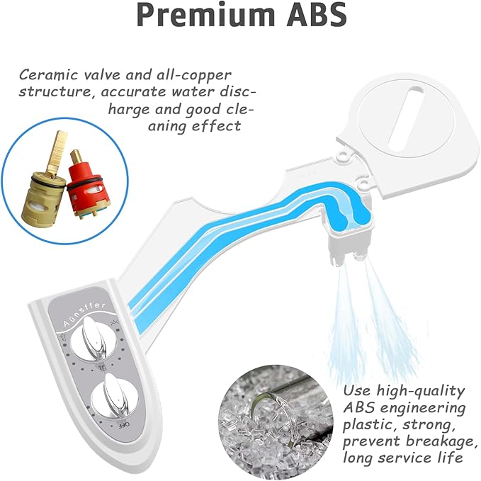 Aünsffer Bidet Attchment for Toilet Grey, Cold Water No-Electric, 3 Wash Modes [Frontal Wash + Rear Wash + Self-Cleaning]，Dual Nozzles Water Pressure Adjustable, Grey