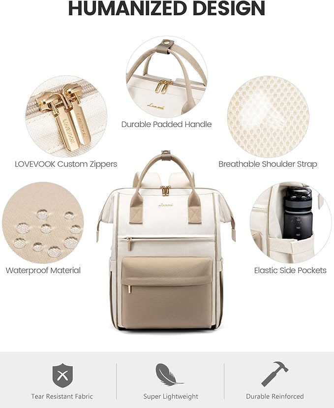 LOVEOVOOK 17.3 Inch Laptop Backpack for Women, Large Capacity Travel Backpack with USB Charging Port, Waterproof Work Backpack for Business, College, Nursing & Airline Travel,Beige
