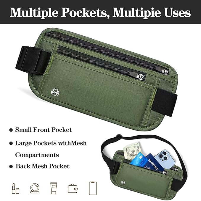 Green Hidden Money Belt for Travel for Men, Waist Wallet Anti Theft, RFID Passport Holder For Travel Men Or Women, Money Pouch, RFID Passport Holder