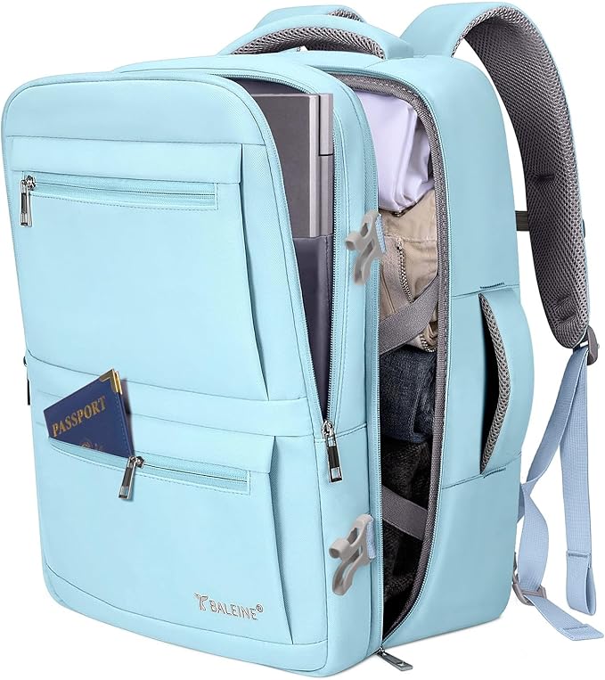BALEINE Travel Backpack for Women Men, Large Sturdy Carry On Laptop Backpack Gifts for Business, Casual, Weekender, Hiking (Large, Light Blue)