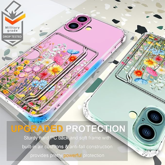 Compatible with iPhone 16 Plus Case Card Holder for Women Cute Design,Wallet Phone Cases Transparent Cool Kawaii Protective (Clear Flowers Herbs Wild Plants)