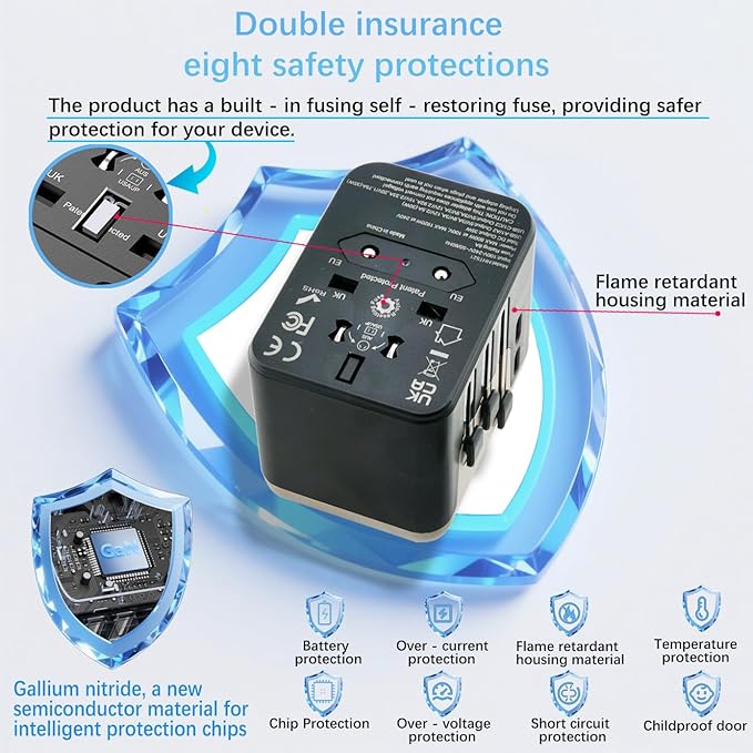 35W Worldwide Travel Adapter, 4-in-1 International power adapter with 2 USB-C & 2 USB-A Ports, All-in-One AC Outlet for US/EU/UK/AUS/Asia - Fast Charging Travel Plug Adapter (Black)