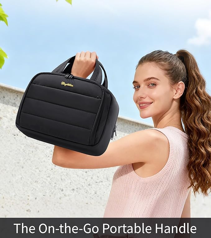Bagstellar Travel Toiletry Bag for Women, Lightweight Large Quilted Puffy Makeup Bag Wide-open Make up Organizer Cloud Cosmetic Bag w/Handle for Traveling, Toiletries, Essentials, Accessories, Black