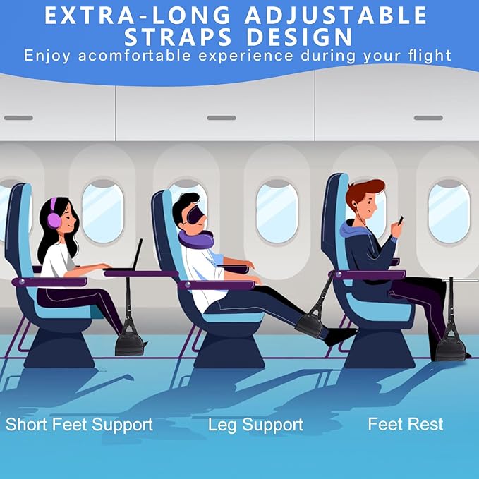 Foot Hammock for Plane Travel - Airplane Foot Rest,Length Adjustable Leg Hammock | Travel Essentials | Desk Foot Hammock for Long Trip - Relax Your Feet,Black,2Pack