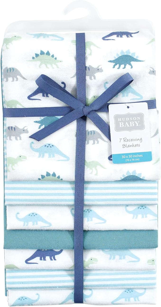 Hudson Baby Unisex Baby Cotton Flannel Receiving Blankets Bundle, Soft Teal Dino, One Size