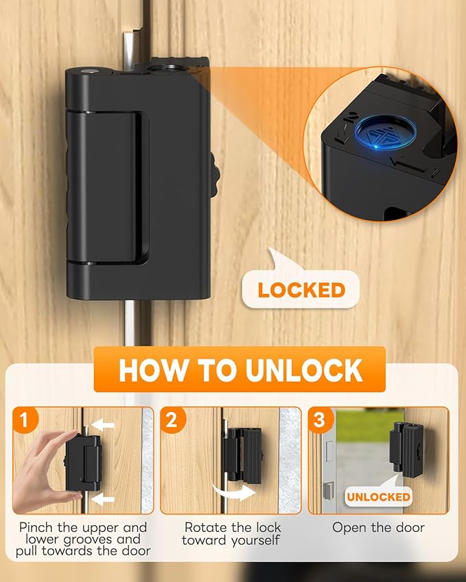 Portable Door Lock for Travel, Adjustable No Drilling Door Reinforcement Lock, Extra Latch Stopper for Hotel Room, Home Apartment, Inward Swing Door - Family & Travelers Security (Black-2PCS)
