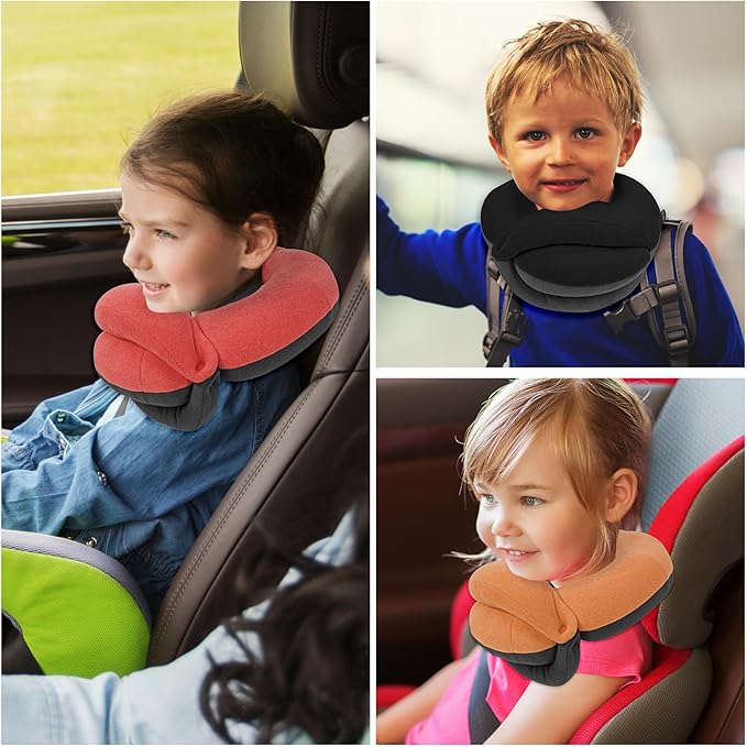 BUYUE Kids Travel Pillows for Airplane, 360° Head Support Sleeping Essentials for Boys Long Flight, Skin-Friendly Soft Neck Pillow for Traveling in Car Seat, (Small, Brown Grey, 40-90 lbs)