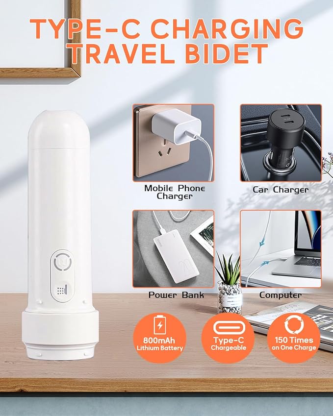 Portable Bidet - Handheld Travel Bidet with 3 High Spraying Modes, USB-C Rechargeable and IPX7 Waterproof Electric Bidet Sprayer for Women and Men Personal Hygiene Cleaning/Soothing Postpartum Care